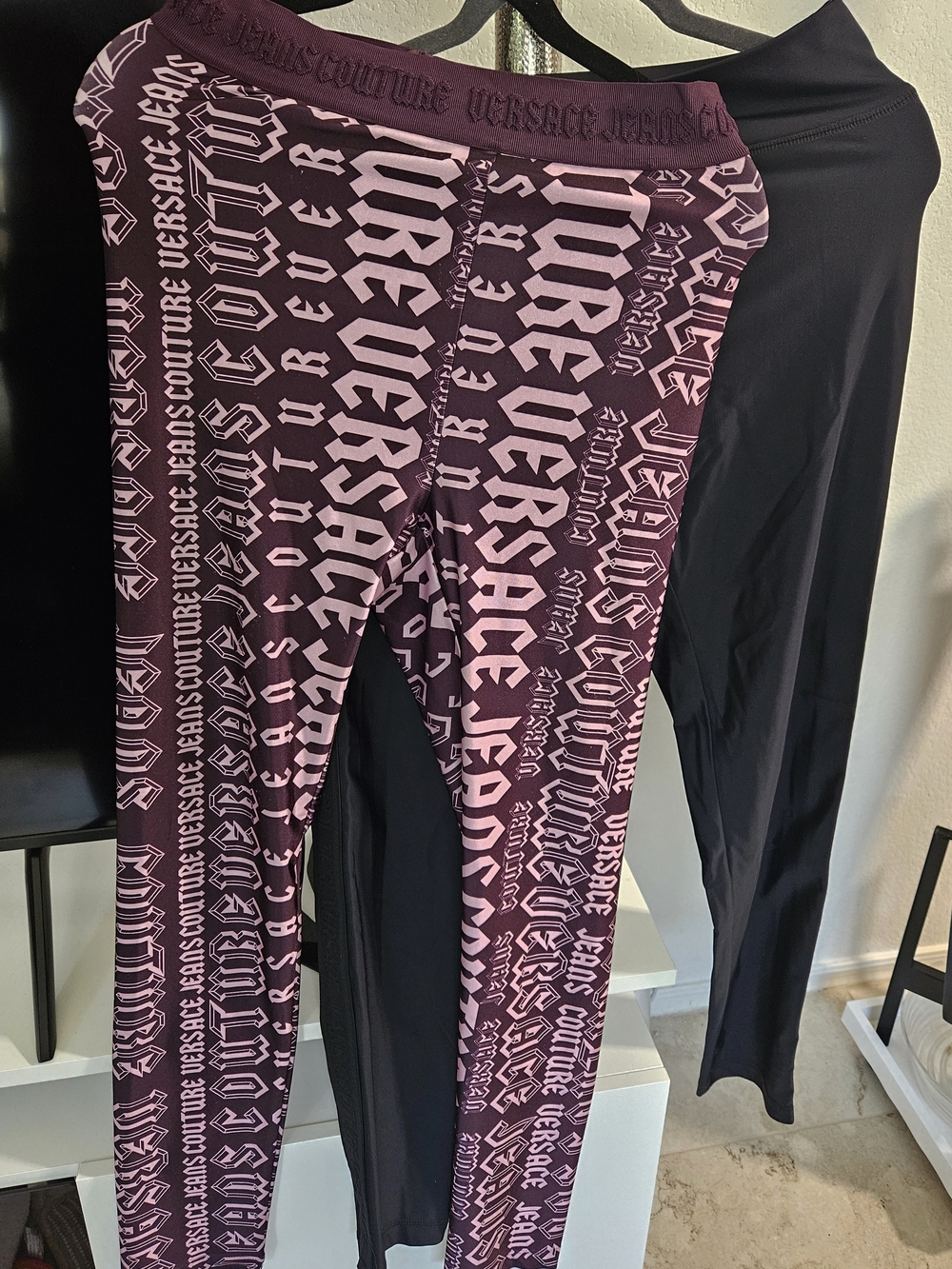 Versace  Leggings Two Pair JeansCouture Pink & Plum Logo Print +black Leggings